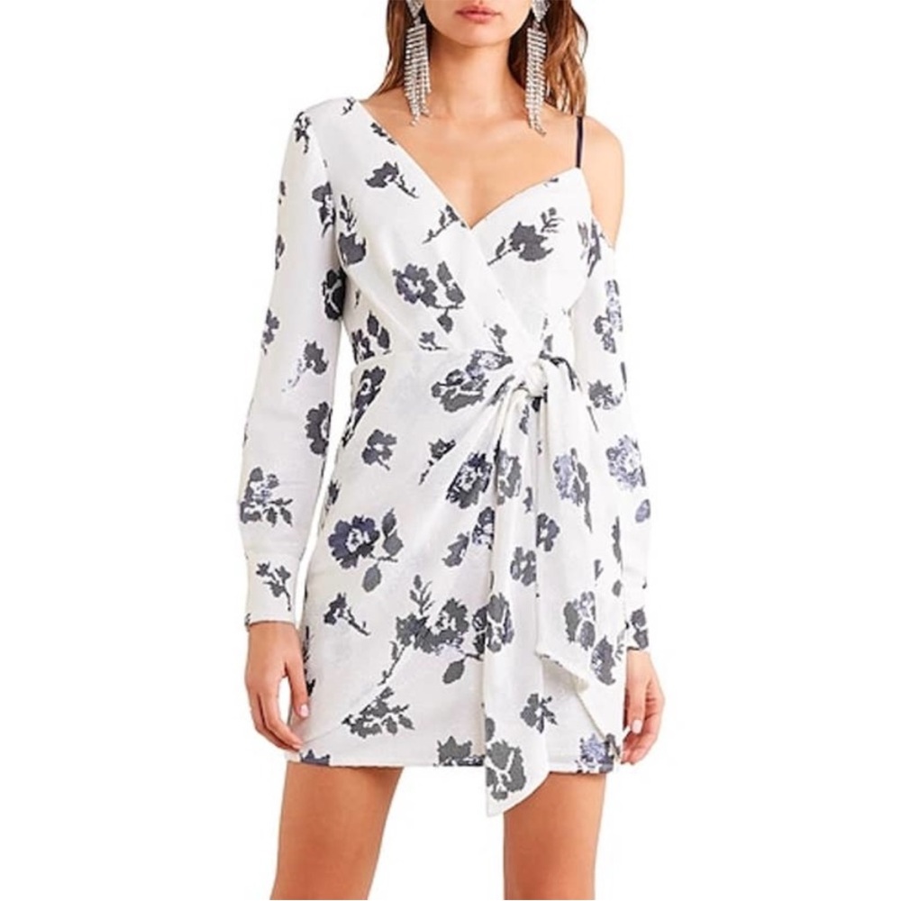 Self-Portraitโ White and Black Sequin Floral Wrap Tie Long Sleeve Mini Dress